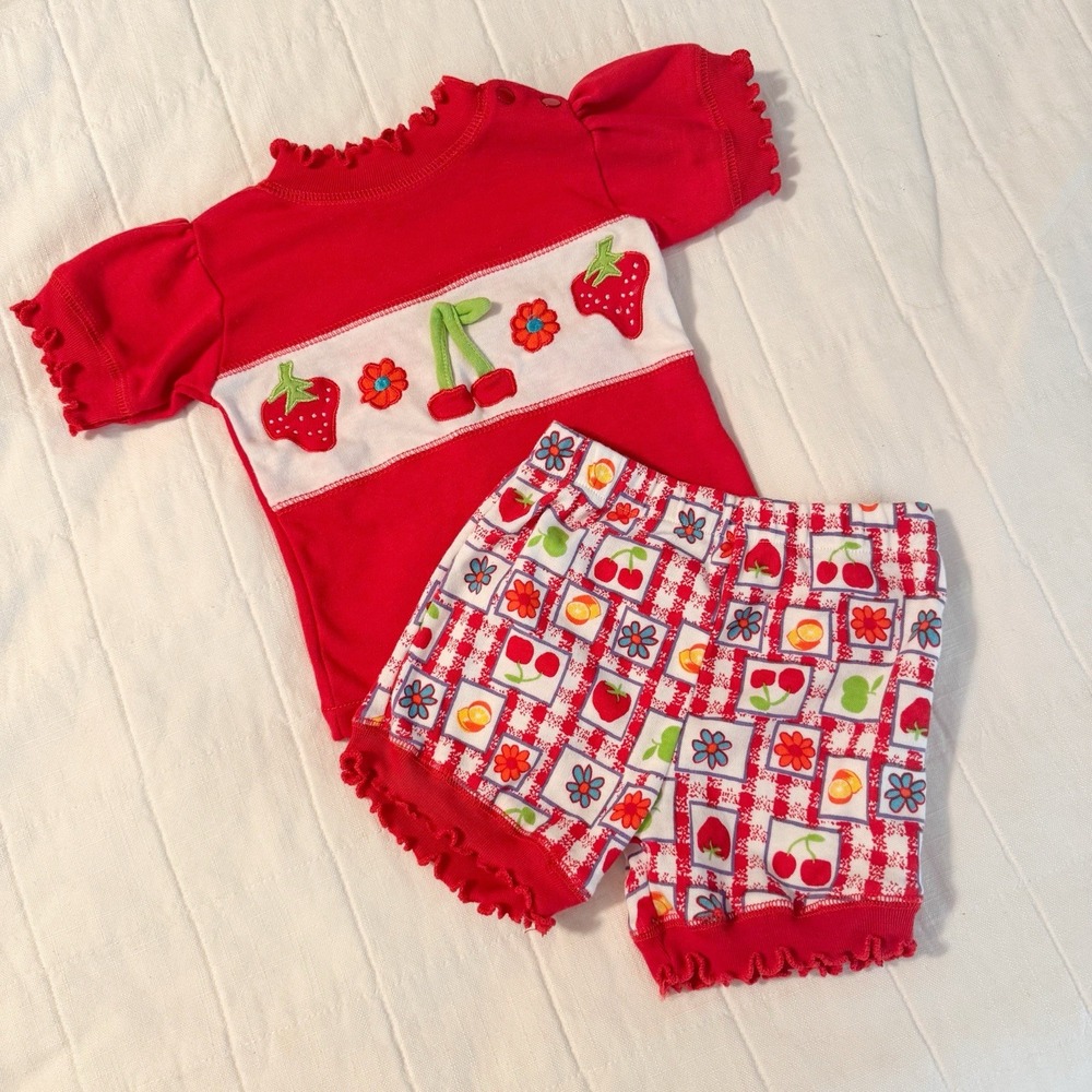 Vintage Small Steps‎ Baby Girl 2 Piece Set 12 Months Cherries Strawberry's Red